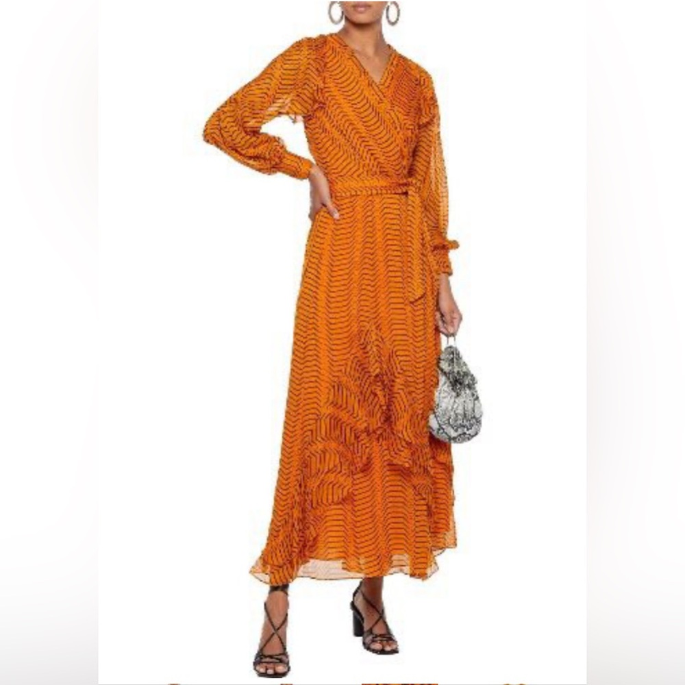 DVF Orange Mercy Ruffled Printed Silk-georgette Maxi Wrap Dress sz M